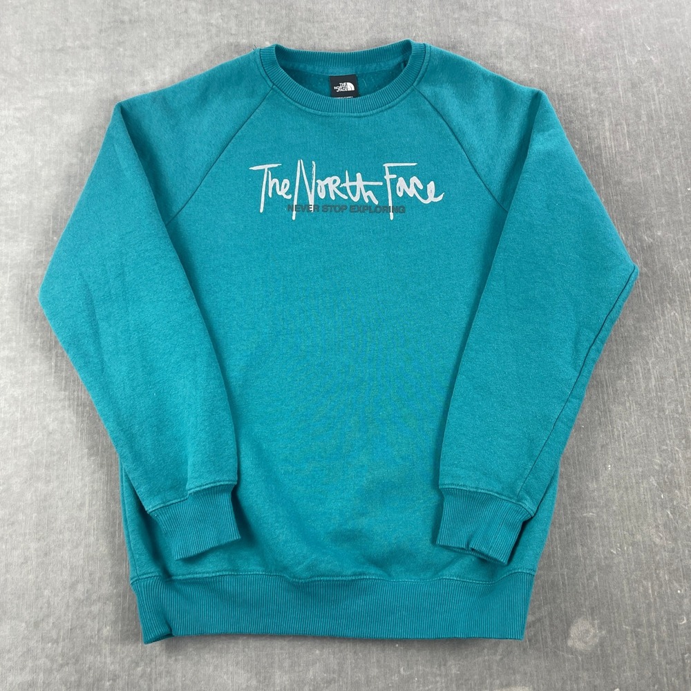 The North Face Women Small Teal Sweatshirt Logo Pullover Raglan Sleeve